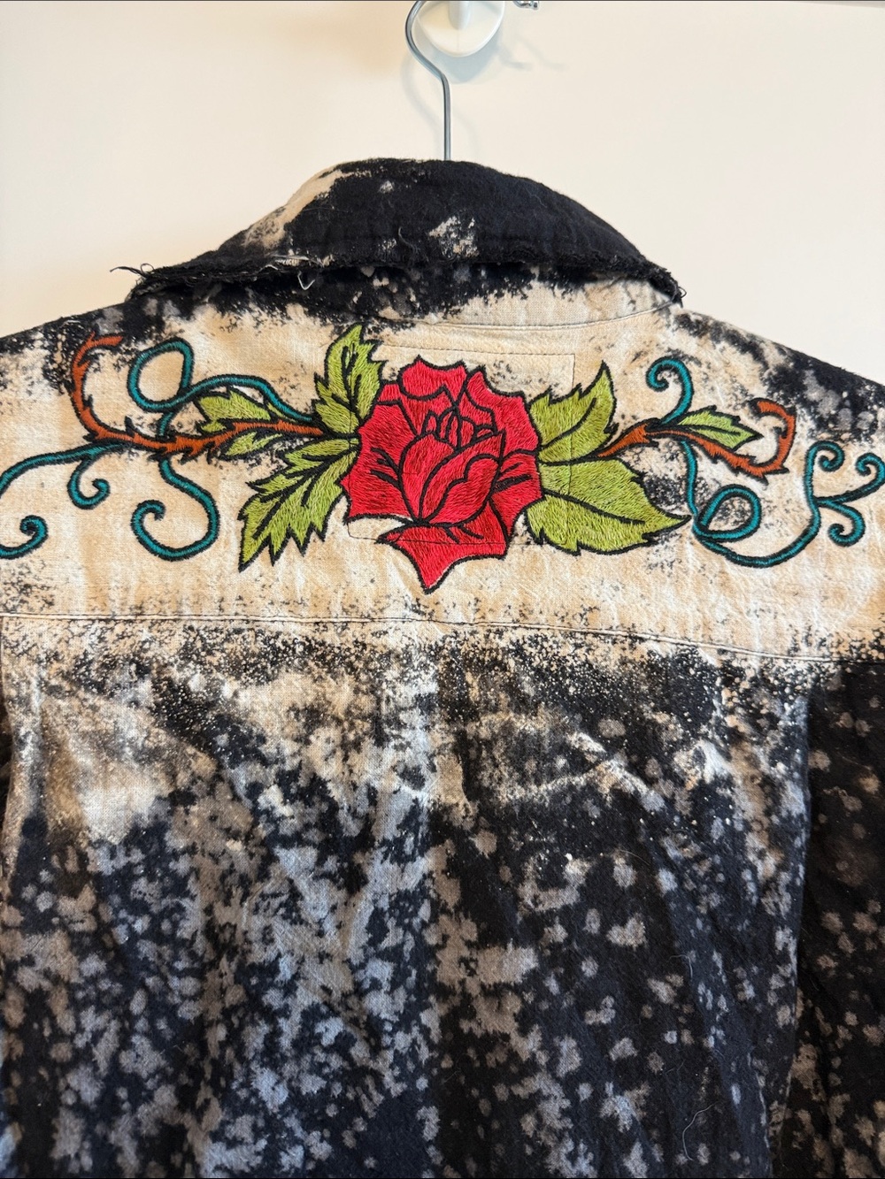 Distressed Black Button-Up Shirt with Red Rose Embroidery - Picture 5 of 8